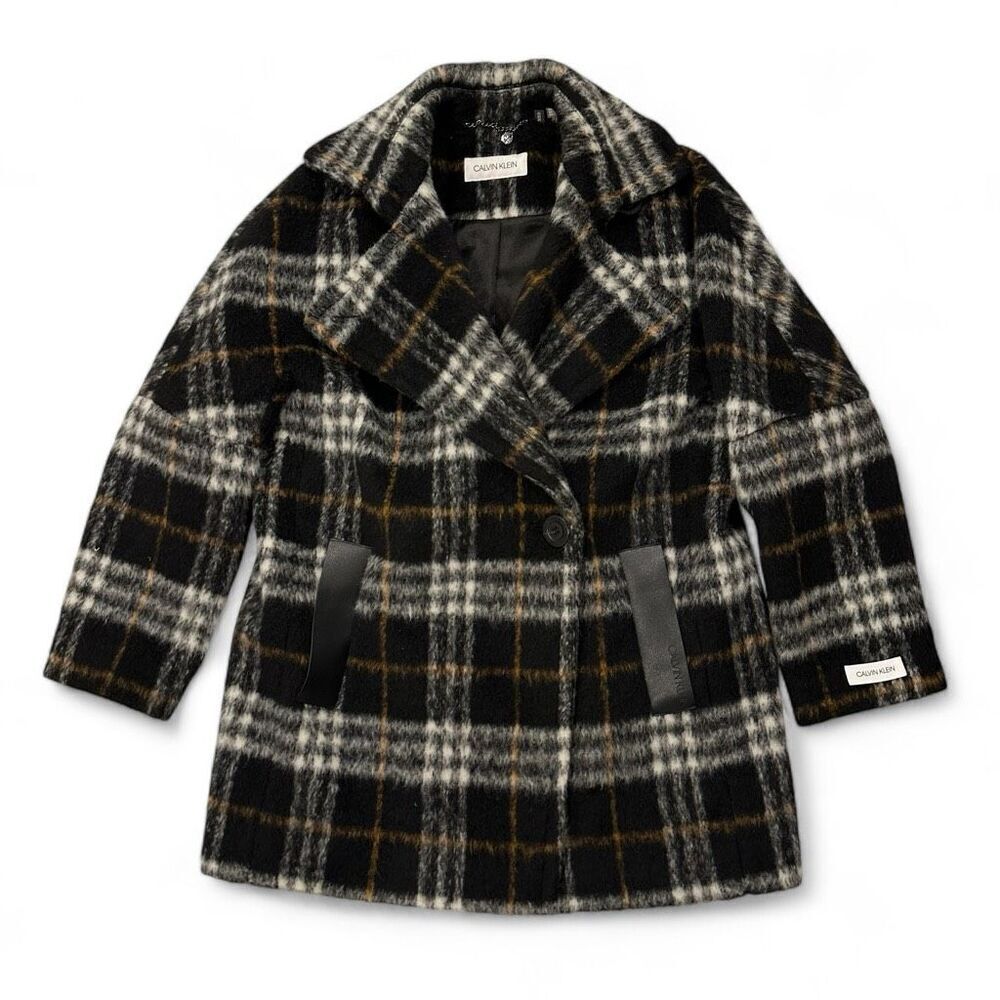 NWOT Calvin Klein Wool Blend Plaid Pea Coat Sz M Dark Academia Twee City Classic